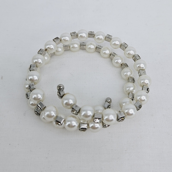 Pearl and Rhinestone Coil Bangle Wrap Bracelet - Picture 1 of 4